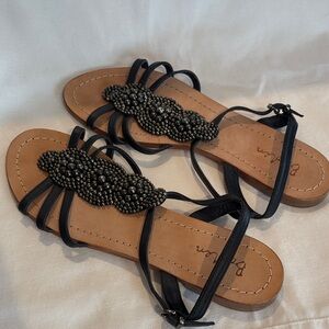 Black Leather Beaded Flat Sandals - size 41/8.5
